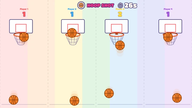 Hoop Shot: Shoot when the hoop lines up. Most baskets wins!