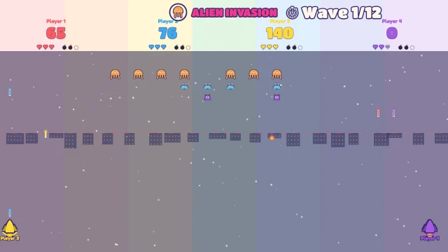 Alien Invasion: Fight off the alien waves together. Shoot, shield, and bomb!