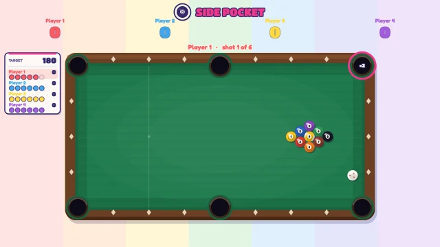 Side Pocket: Line the ghost ball up on a pocket, wind up the power and strike. Pot one, shoot again!